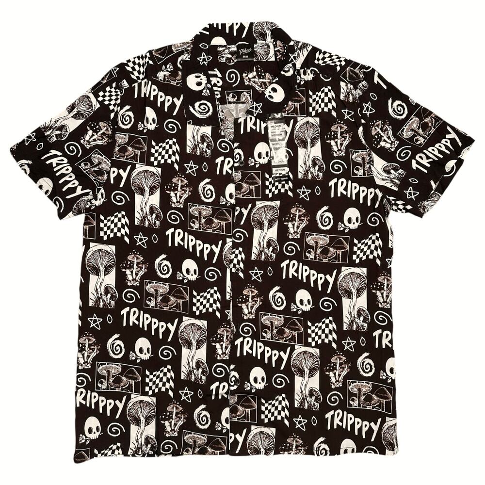 Hot Topic Trippy Button Up Black Skulls Mushrooms Medium